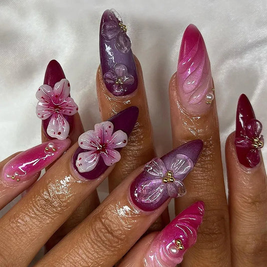 24Pcs Purple Gradient French 3D Flower Stick on False Nail with Rhinestones Chic Glossy Manicure Tip Almond Full Cover Fake Nail