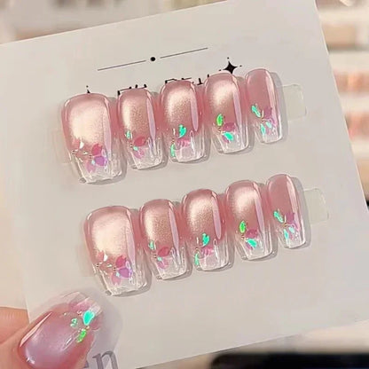 Sakura – Pink Cat Eye Pearl French Coffin Press-On Nails