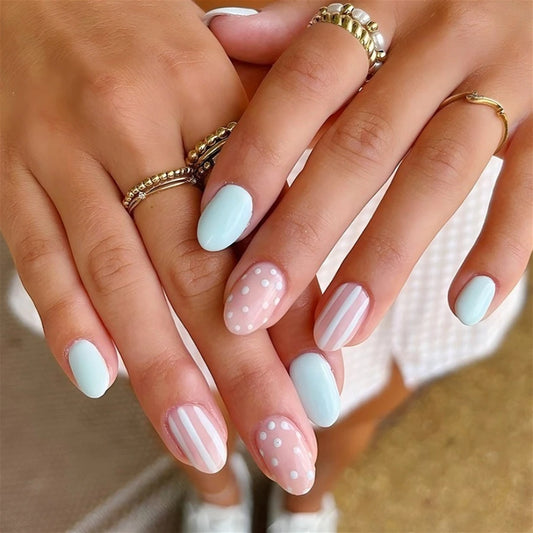 Color Blocking French Polka Dot Nail Art Summer Fashion Short Almond Fake Nails Detachable Finished False Nails Press on Nails