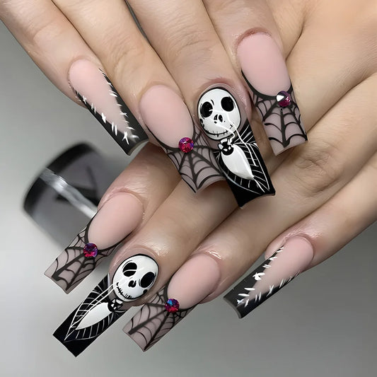 24pcs Halloween Press on Nails with Skull Black Spider Wed Design French Fake Nail Patch Full Cover Wearable False Nail Tips