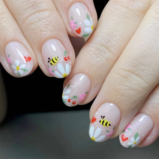 24pcs Press on Nails Flower Bow Design Short Oval False Nails Wearable Fashion Yellow Almond Fake Nail Sets Finished Manicure