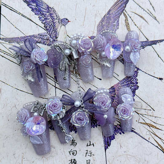 Purple Handmade Fake Nails 3D Flower Butterfly Designs Long Ballerina Press on Nails Rhinestone Butterfly False Nails for Women