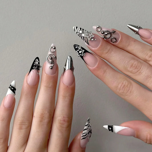 24Pcs Y2K Fake Nails Metallic Punk Style False Nails 3D Hand-made Rhinestone Fake Nails Wearable Spicy Girls Press on Nails