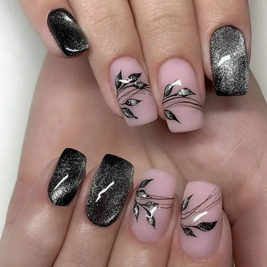 24Pcs with Black Cat's Eye Grass Design Press on Fake Nails Mid-length Square Head False Nails Detachable Full Cover Nails Tips