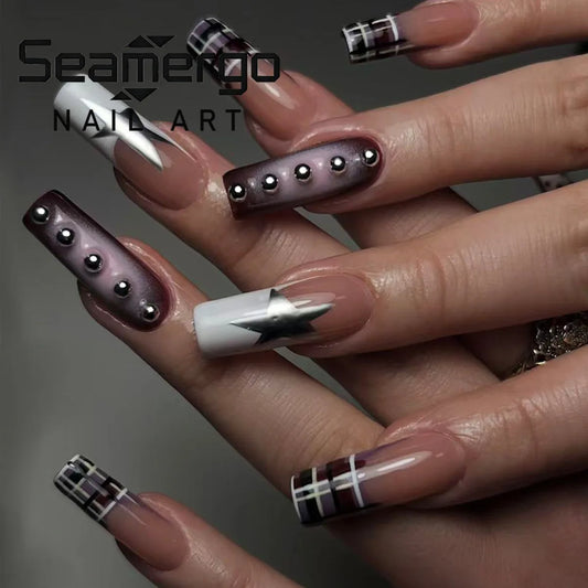 24PCS Square Press on Nails Plaid Star Studded Design Nude Purple Gradient Glossy Edgy Punk Style Reusable Acrylic False Nails
