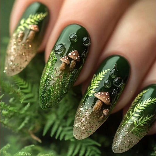 24Pcs Mid-length Almond Press on Nails with Green Forest Mushroom Design Fake Nail Shiny Powder Finished Wearable False Nail Tip