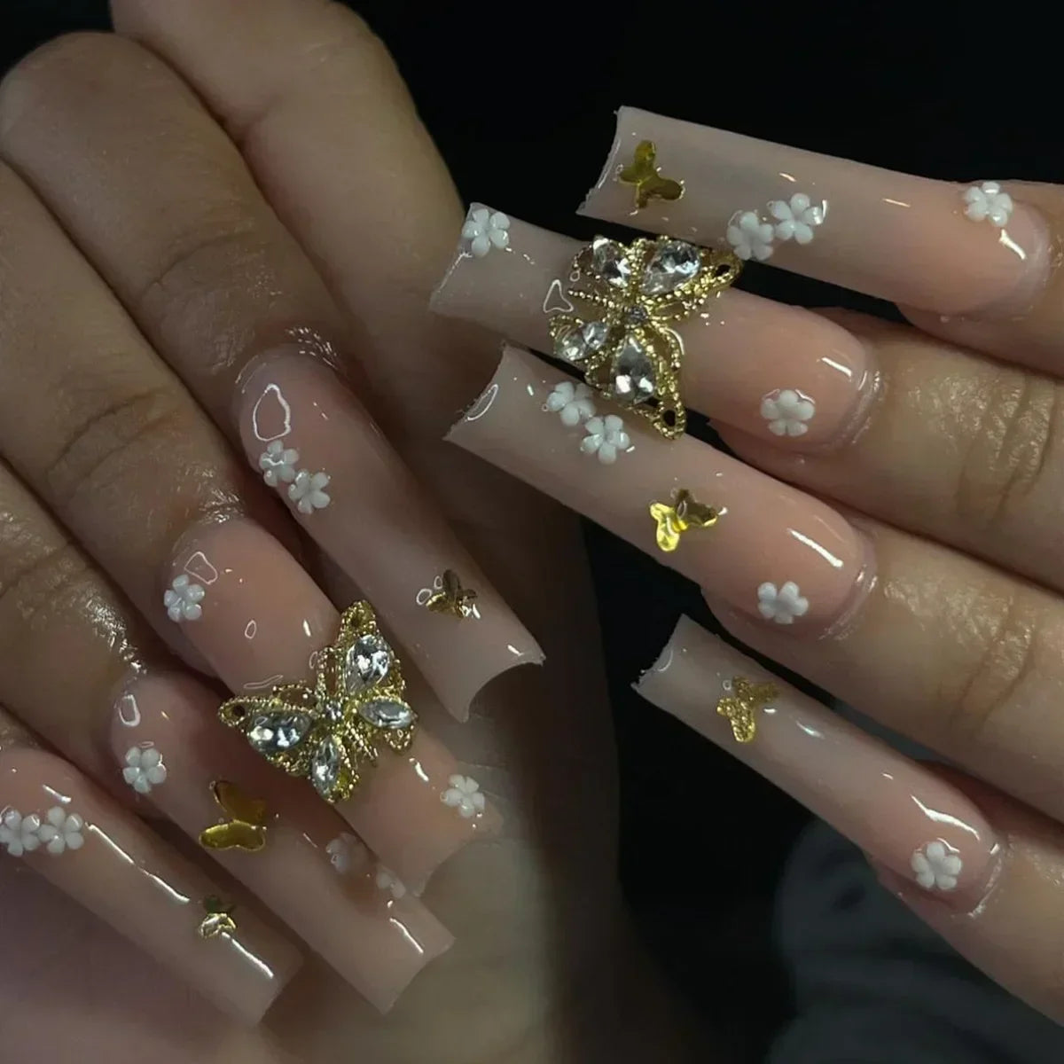 24Pcs Pink Long Ballet Coffin False Nails Butterfly Flower with French Design Wearable Fake Nails Glitter Press on Nail Tips Art