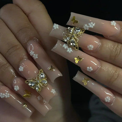 24Pcs Pink Long Ballet Coffin False Nails Butterfly Flower with French Design Wearable Fake Nails Glitter Press on Nail Tips Art