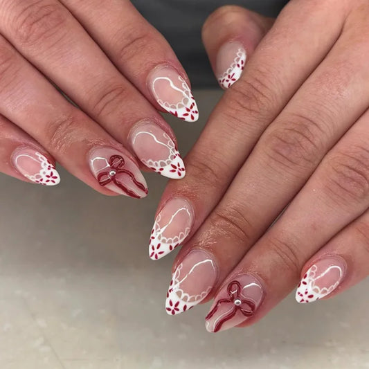 24Pcs Short Almond Nude Pink Cat's Eye Manicure Tips 3D Golden Bow Polka Dot Press on Fake Nails Wearable Full Cover False Nails
