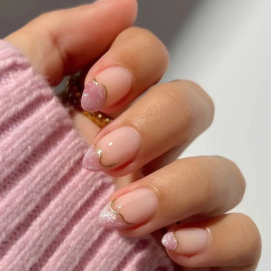 24pcs French Cat's Eye Design Fake Nails Glitter Short Almond False Nail Tips Wearable Fashion Oval Press on Nails Sets Finished