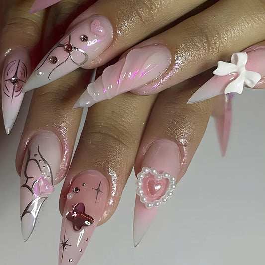 24pcs Sweet Pink Smudge Press on False Nails Full Cover 3D Bow Heart Pearl Fake Nail Butterfly Rhinestone Reusable Manicure Tips