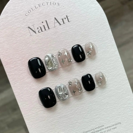 10Pcs Handmade Short Heart Diamond Design Reusable Fake Nails Glitter Full Cover Wearable Artificial Nail Tips Art Press On Nail