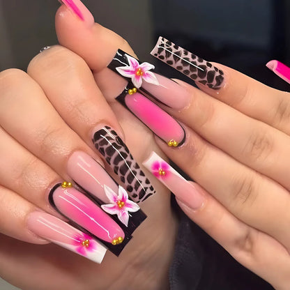 24Pcs Long Square Head French Fake Nail Tips 3D Love Heart Design Press on Nails with Rhinestone Pattern Wearable False Nail Art