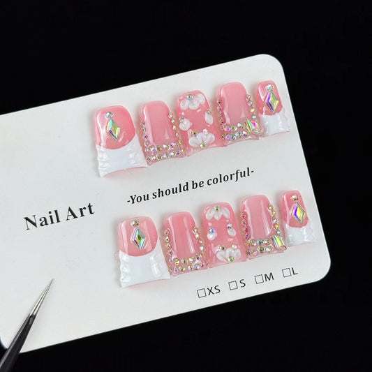 10pcs high-end Pink lady style, hand-painted three-dimensional petals, dazzling rhinestones handmade fake nails