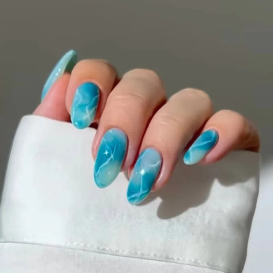 24pcs Wearable Full Cover Nail Tips Mid-length Oval Press on Nails Blue Smudge Design False Nails Sets Simple Almond Fake Nail