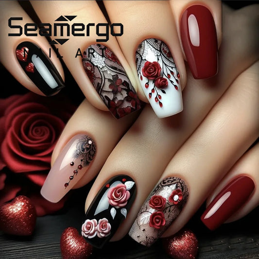 24PCS Wine Red Armor Wearable Nails Flowers Design Valentines Day Manicure Rose Lover Fake Nails Press on False Nails for Women
