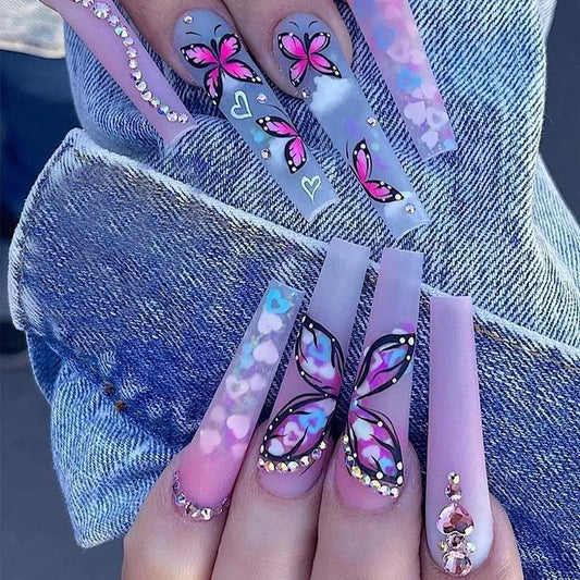 24Pcs Long Coffin False Nails with Purple Gradient Design Press on Fake Nails Rhinestone Wearable Finished Full Cover Nails Tips