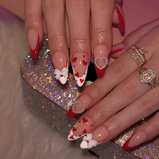 10PCS Long Almond Hand Pressed White French Pointed Nails 3d White Bow And Pearl Pressed Nails, Love Fully Covered Fake Nails