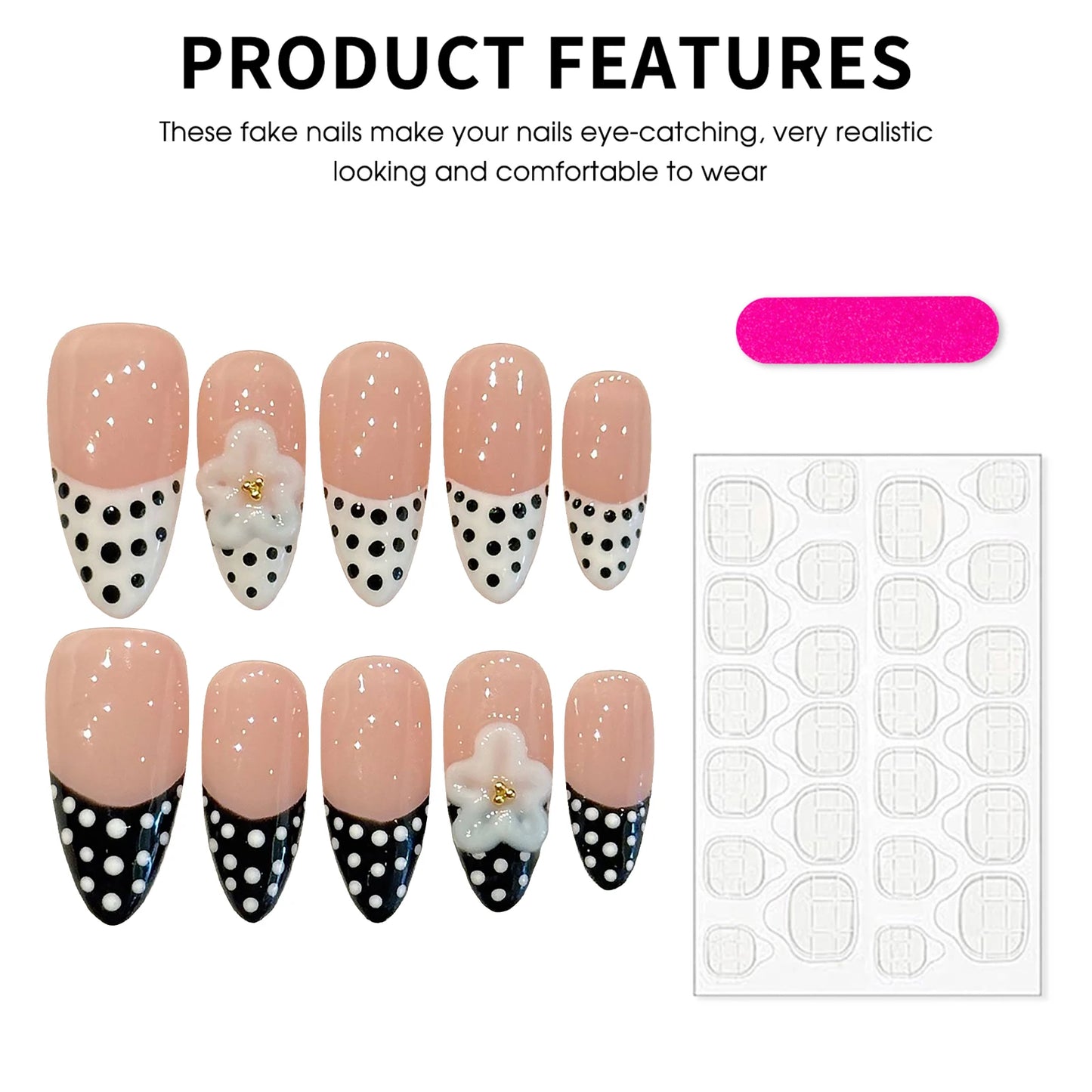 10pcs Handmade Press On Nails Black White Wave Point French Style Almond Fake Nails 3D White Carved Flower Decor False Nail Tips