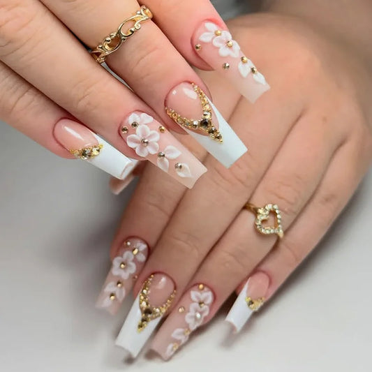 24Pcs Long Square Fake Nails 3D Flower Rhinestone French Press on False Nails Pearl Shiny Powder Detachable Full Cove Nails Tips