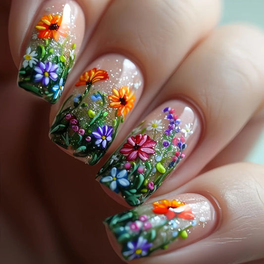 24pcs Spring Flower Pattern Press on Nails Sets Colorful Short Square False Nails Art for Woman Ballet Fake Nail Tips Manicure