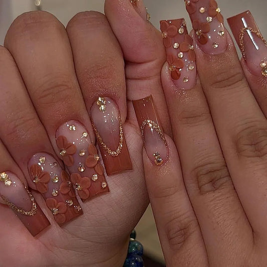 24pcs French Fake Nails Gradient Brown Long Square False Nail with Flower Rhinestone Design Press on Nails Tips Glitter Manicure
