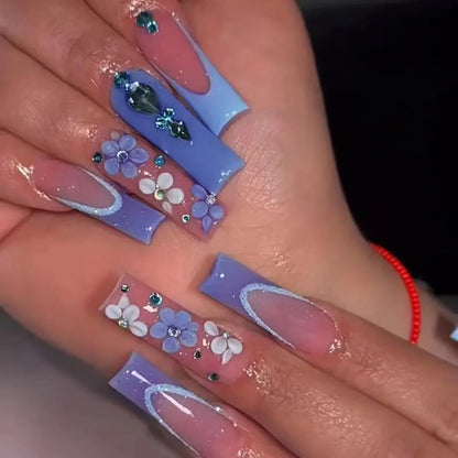 24Pcs Long Square Head French Fake Nail Tips 3D Love Heart Design Press on Nails with Rhinestone Pattern Wearable False Nail Art