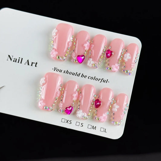 10pcs high-end Cute girl style, hand-painted three-dimensional engraved patterns, heart, fine glittering point diamonds handmade