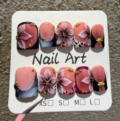 10pcs Yellow Leopard Print French Handmade Press on Nails Short Square False Nails 3D Flower Fake Nail Summer Wearable Nail Art