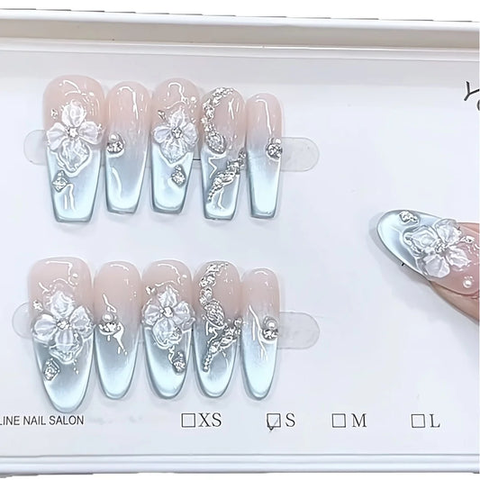 10pcs high-end French seaside ice flower three-dimensional hand-painted relief small flower cat's eye style handmade fake nails,