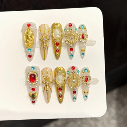 10pcs French Stiletto Handmade Press on Nails 3D Flower Fake Nails False Nails Artificial Nail Wearable Nail 네일팁 Накладные Ногти