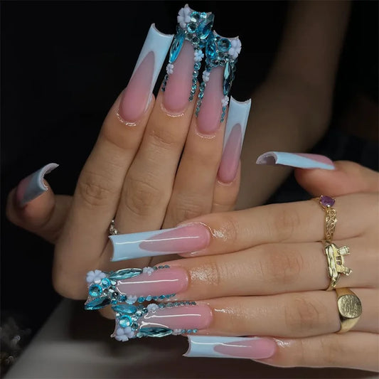24Pcs Long Square Press on False Nails 3D Flower Butterfly Rhinestone Fake Nails Yellow Gradient French Detachable Manicure Tips
