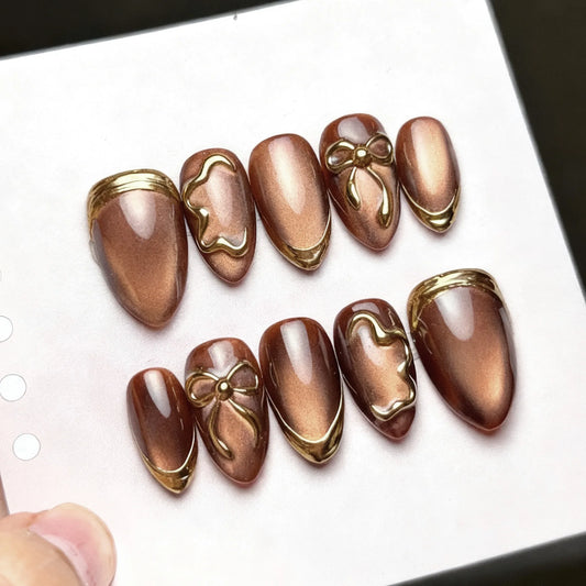 24pcs Bow Design Stick on Nail Tips Gilded Cat's Eye Almond False Nail Art French Brown Fake Nail Sets Reusable Press on Nails
