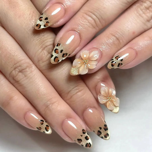 24Pcs Cat's Eye Gradient Leopard Print Full Cover Nails Tips Mid-length Almond Fake Nail 3D Flower Wearable Press on False Nails