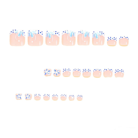 Blue Polka Dot Floral French Fake Nails 24Pcs High-Saturation Resin Material Pre-Glued Design