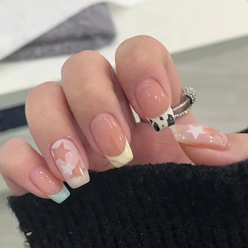 24Pcs Short Square False Nails Press on Blue Irregular French Love Heart Fake Nails Shiny Powder Wearable Full Cover Nails Tips