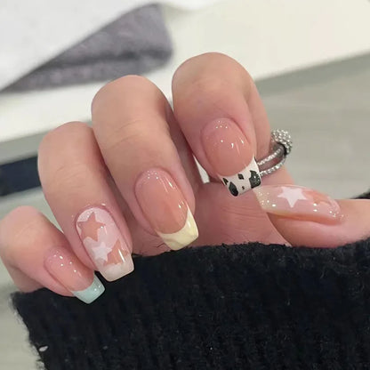 24Pcs Short Square False Nails Press on Blue Irregular French Love Heart Fake Nails Shiny Powder Wearable Full Cover Nails Tips