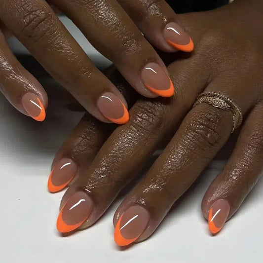 24Pcs Simple Orange French False Nails with Glue Small Short Petitle Ballet Fake Nails Fashion Wearable Almond  Press on Nails