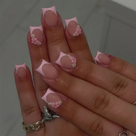 24Pcs Short Square Head False Nails French 3D Flower Wearable Full Cover Nails Tips Rhinestone Edge Finished Press on Fake Nails