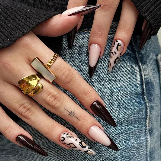 24Pcs French Black Stripe with Design Press on Fake Nails Detachable Artificial False Nails Long Stiletto Full Cover Nails Tips