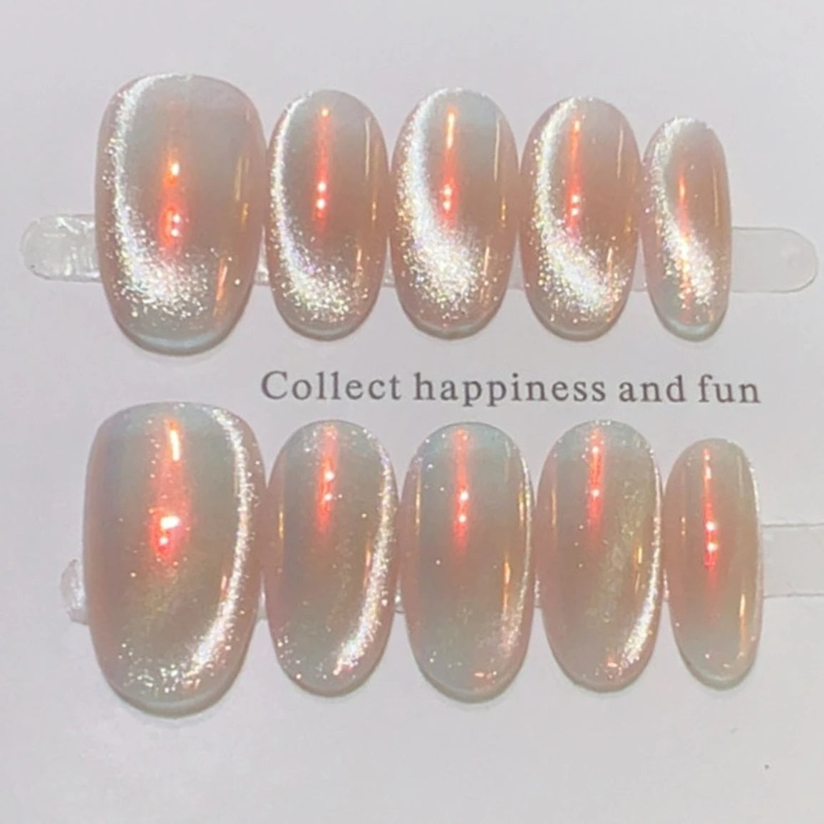 10Pcs Glitter Almond Handmade False Nails French Designs Orange Cat Eye Nails Tips Summer Simple Press on Nails Detachable Daily