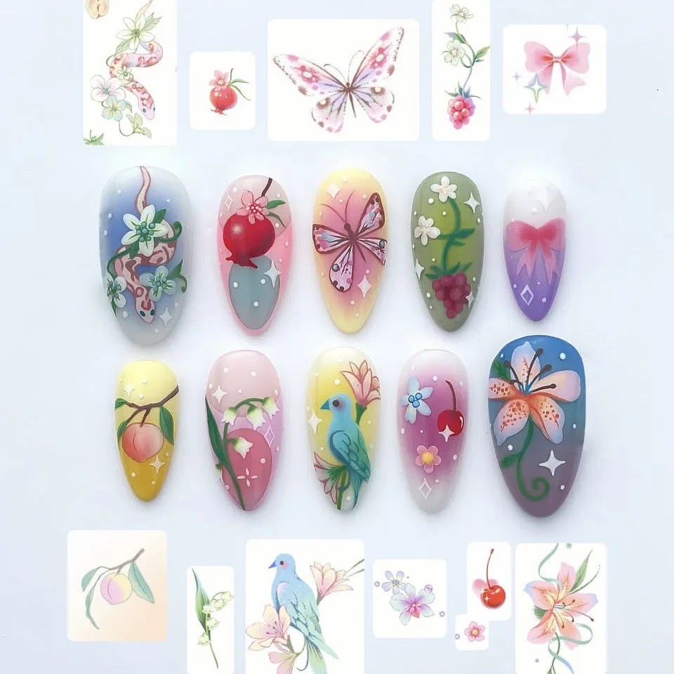 24pcs Little Fresh Butterfly Flower Press On Nail Spring Summer Gradient Pink Green Almond False Nail Ins Forest Style Fake Nail