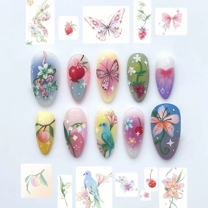 24pcs Little Fresh Butterfly Flower Press On Nail Spring Summer Gradient Pink Green Almond False Nail Ins Forest Style Fake Nail