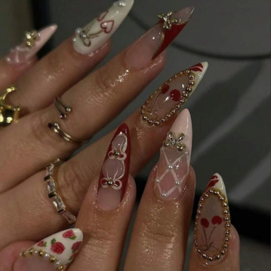 10PCS Pressing Nail, Short Almond, 3d Golden Round Bead Bow Design, Fake Nail, Pressing Pink French Nail Tip, Acrylic Fake Nail