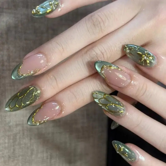 24Pcs Short Oval Pink False Nail Tips Summer Lovely Golden Flowers Retro Gradients Wearable Almond Manicure Full Cover Press Ons