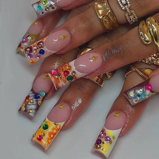 24pcs Y2k Rhinestone French False Nails with Crocodile Pattern Press on Nails Full Cover Square Head Detachable Fake Nails Tips