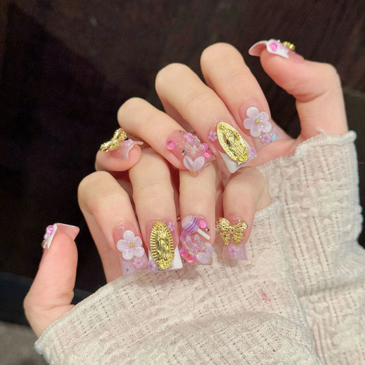 10PCS Duck Handmade Press On Nails,Pink Gold Holy Butterfly,Suitable For Festivals Parties And Daily Wear.