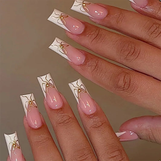 24pcs Pink Short Square False Nails Art with Flower Pearl Design Fake Nail Tips Gradient Blush French Ballet Press on Nails Sets