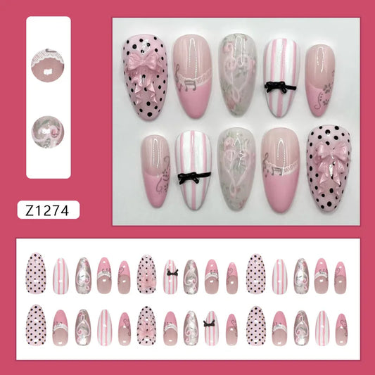 30pcs Creative Music Notes Vine Fake Nails Pink French Style Cat's Eye Lace False Nails Bows Polka Dot Designs Ins Press On Nail