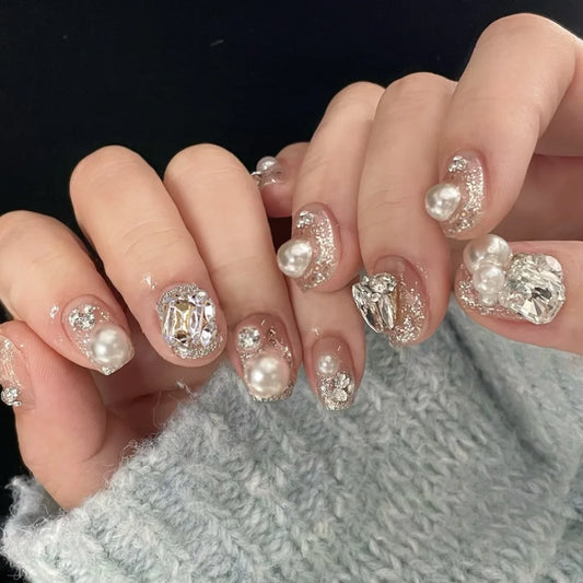 24Pcs Short Square Head Full Cover Nails Tips Pearl Rhinestone Fake Nails Shiny Powder Gradient Detachable Press on False Nails